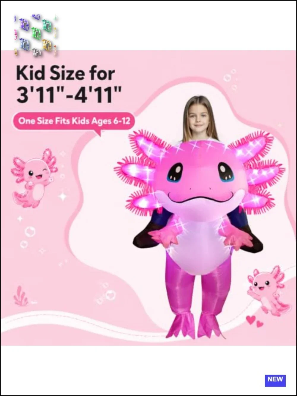 Inflatable Axolotl Costume for Kids with LED Lights, Ride-On Blow Up Halloween